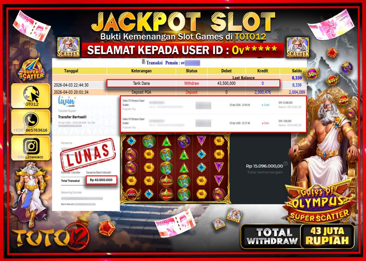 HANYA DI TOTO12 JP PASTI DI BAYAR LUNAS DAN CEPAT!!!!!! JACKPOT SLOT GAME (GATES OF  OLYMPUS SUPER SCATTER) Rp.43.500.000!!!!