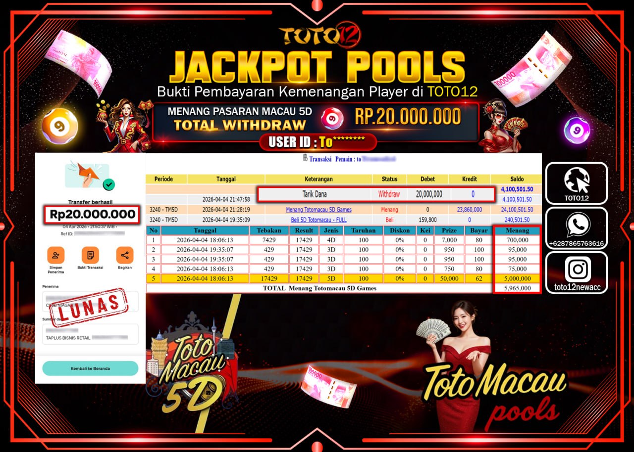 HANYA DI TOTO12 JP PASTI DI BAYAR LUNAS DAN CEPAT!!!!!! JACKPOT POOLS PASARAN( MACAU 5D) Rp.20.000.000!!!!