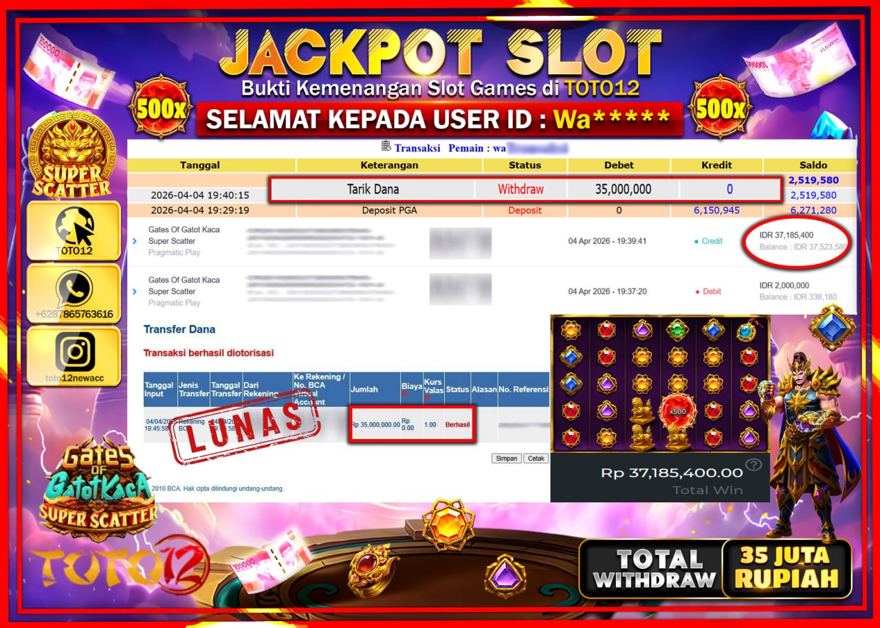 HANYA DI TOTO12 JP PASTI DI BAYAR LUNAS DAN CEPAT!!!!!! JACKPOT SLOT GAME (GATES OF GATOT KACA SUPER SCATTER) Rp.35.000.000!!!!