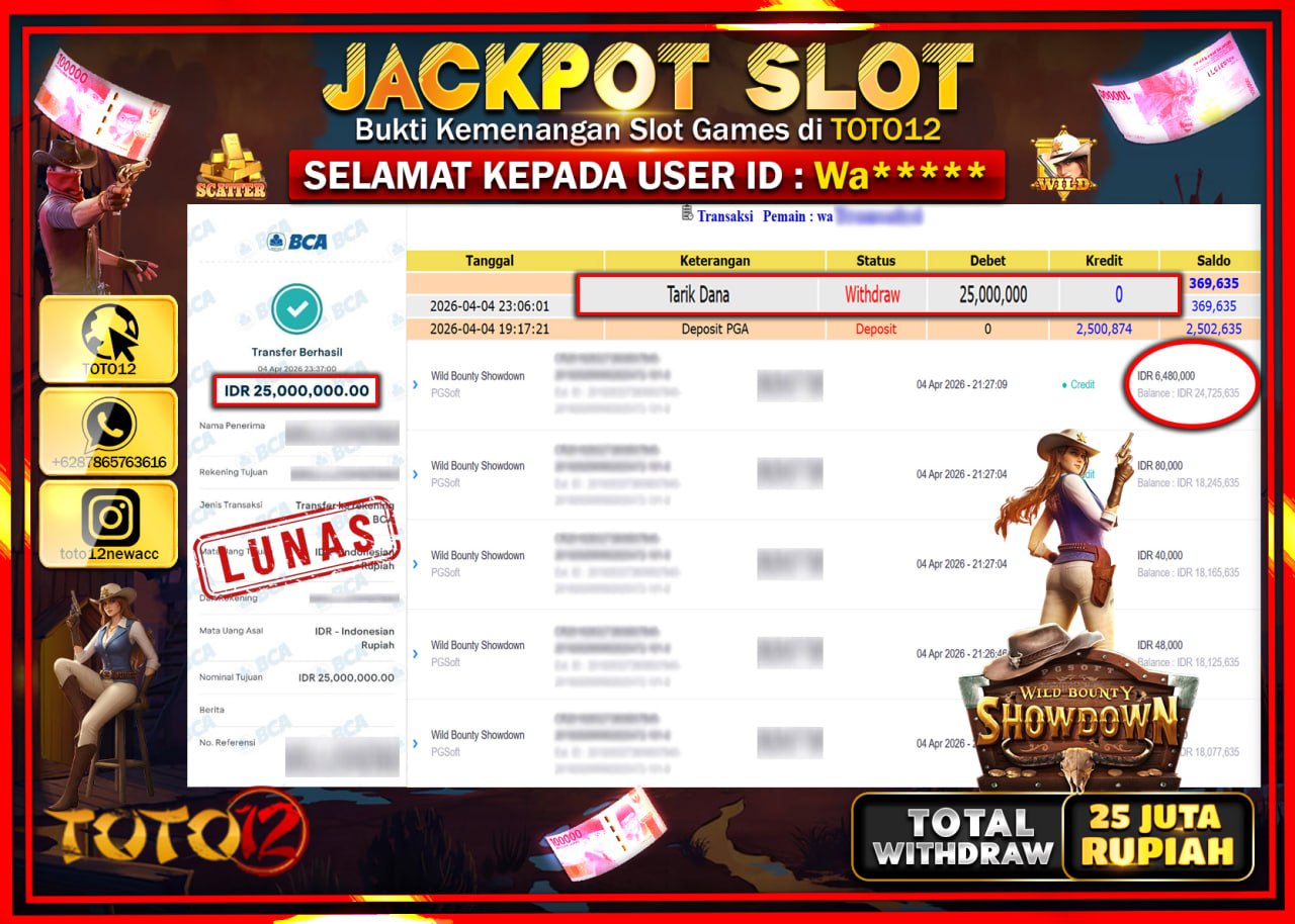 HANYA DI TOTO12 JP PASTI DI BAYAR LUNAS DAN CEPAT!!!!!! JACKPOT SLOT GAME (WILD BOUNTY SHOWDOWN) Rp.25.000.000!!!!