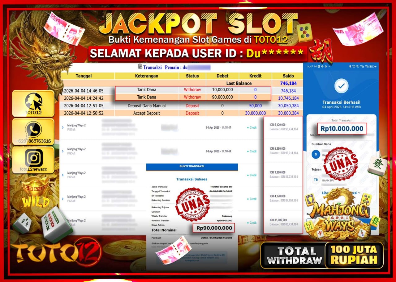 HANYA DI TOTO12 JP PASTI DI BAYAR LUNAS DAN CEPAT!!!!!! JACKPOT SLOT GAME (MAHJONG WAYS) Rp.100.000.000!!!!