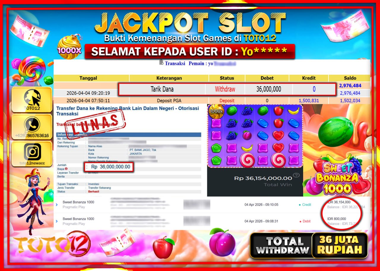 HANYA DI TOTO12 JP PASTI DI BAYAR LUNAS DAN CEPAT!!!!!! JACKPOT SLOT GAME (SWEET BONANZA 1000) Rp.36.000.000!!!!