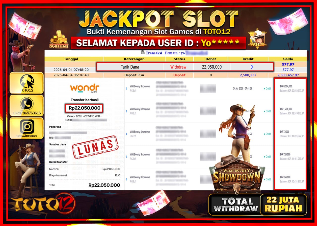 HANYA DI TOTO12 JP PASTI DI BAYAR LUNAS DAN CEPAT!!!!!! JACKPOT SLOT GAME (WILD BOUNTY SHOWDOWN) Rp.22.050.000!!!!