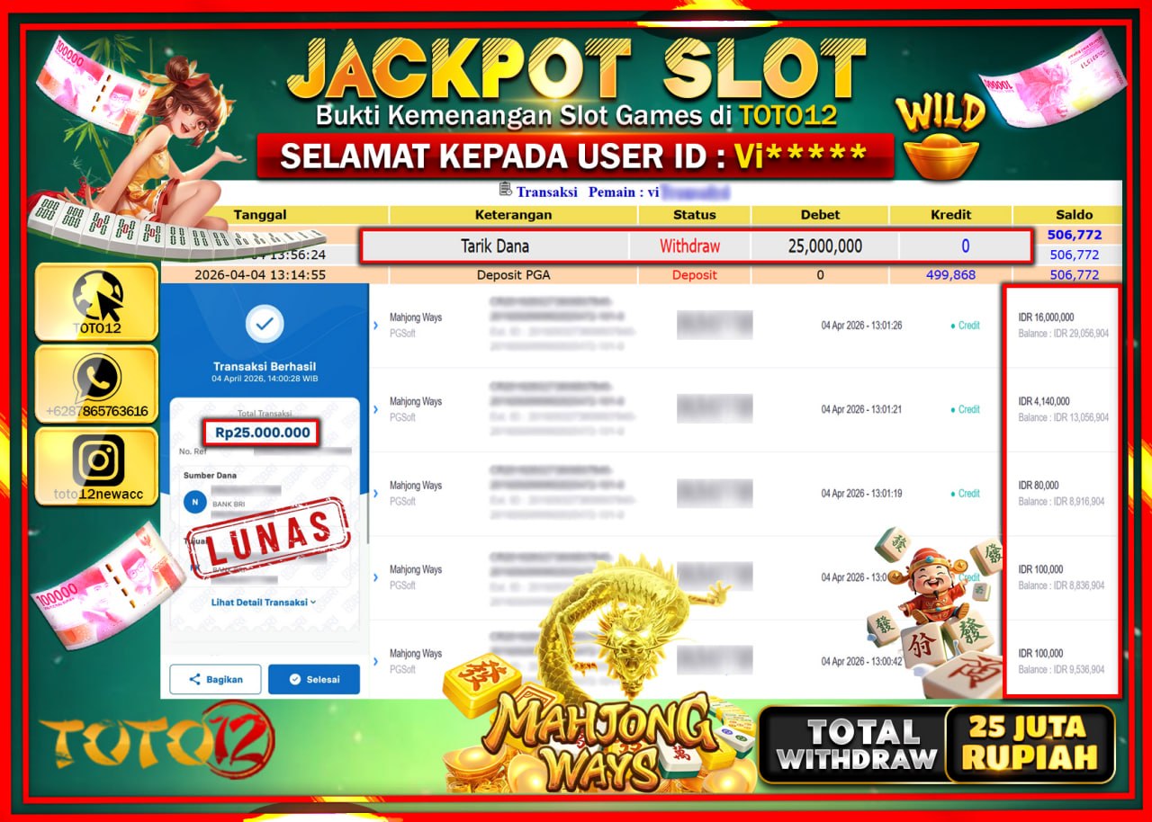 HANYA DI TOTO12 JP PASTI DI BAYAR LUNAS DAN CEPAT!!!!!! JACKPOT SLOT GAME (MAHJONG WAYS) Rp.25.000.000!!!!