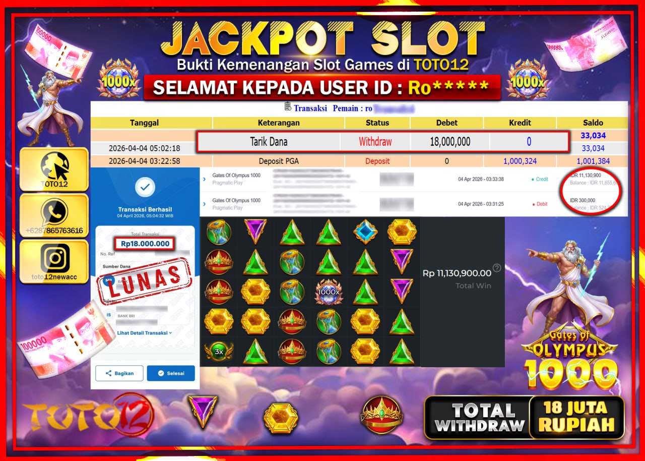 HANYA DI TOTO12 JP PASTI DI BAYAR LUNAS DAN CEPAT!!!!!! JACKPOT SLOT GAME (GATES OF OLYMPUS 1000) Rp.18.000.000!!!!
