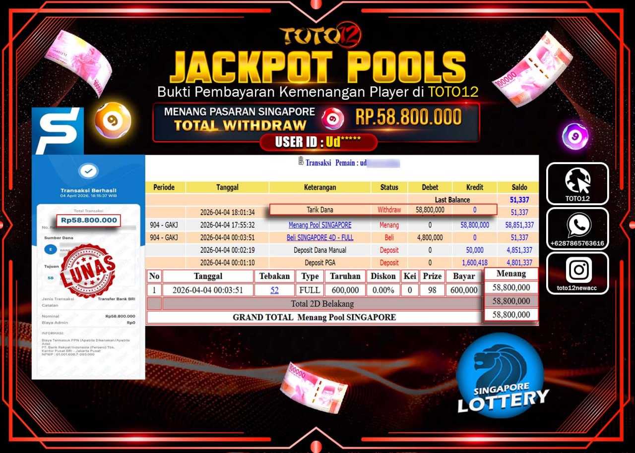 HANYA DI TOTO12 JP PASTI DI BAYAR LUNAS DAN CEPAT!!!!!! JACKPOT POOLS PASARAN( SINGAPORE ) Rp.58.800.000!!!!