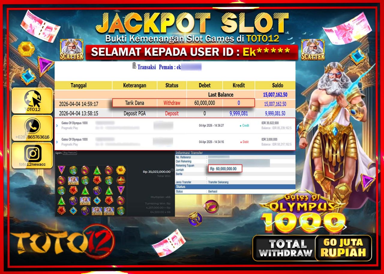 HANYA DI TOTO12 JP PASTI DI BAYAR LUNAS DAN CEPAT!!!!!! JACKPOT SLOT GAME (GATES OF OLYMPUS 1000) Rp.60.000.000!!!!