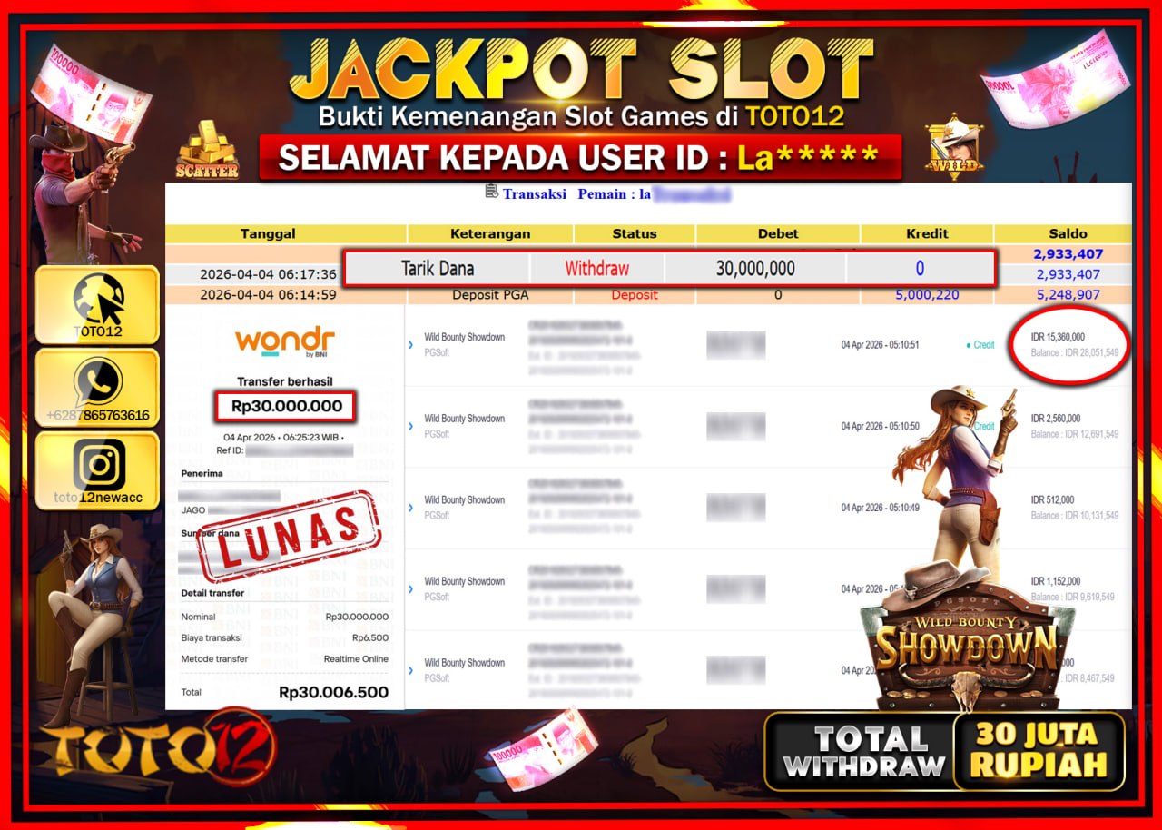 HANYA DI TOTO12 JP PASTI DI BAYAR LUNAS DAN CEPAT!!!!!! JACKPOT SLOT GAME (WILD BOUNTY SHOWDOWN) Rp.30.000.000!!!!