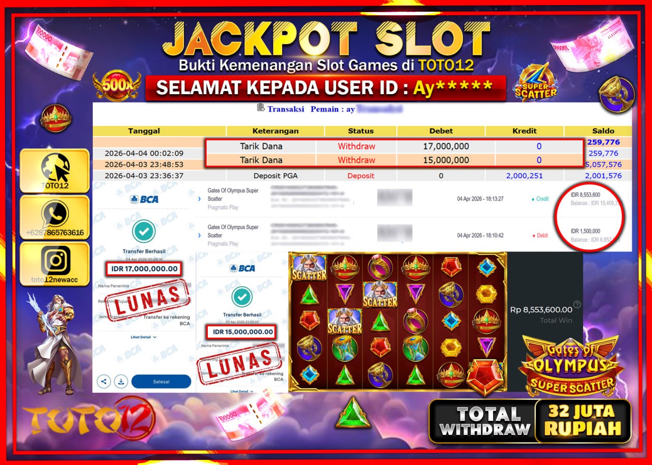HANYA DI TOTO12 JP PASTI DI BAYAR LUNAS DAN CEPAT!!!!!! JACKPOT SLOT GAME (GATES OF OLYMPUS SUPER SCATTER) Rp.32.000.000!!!!