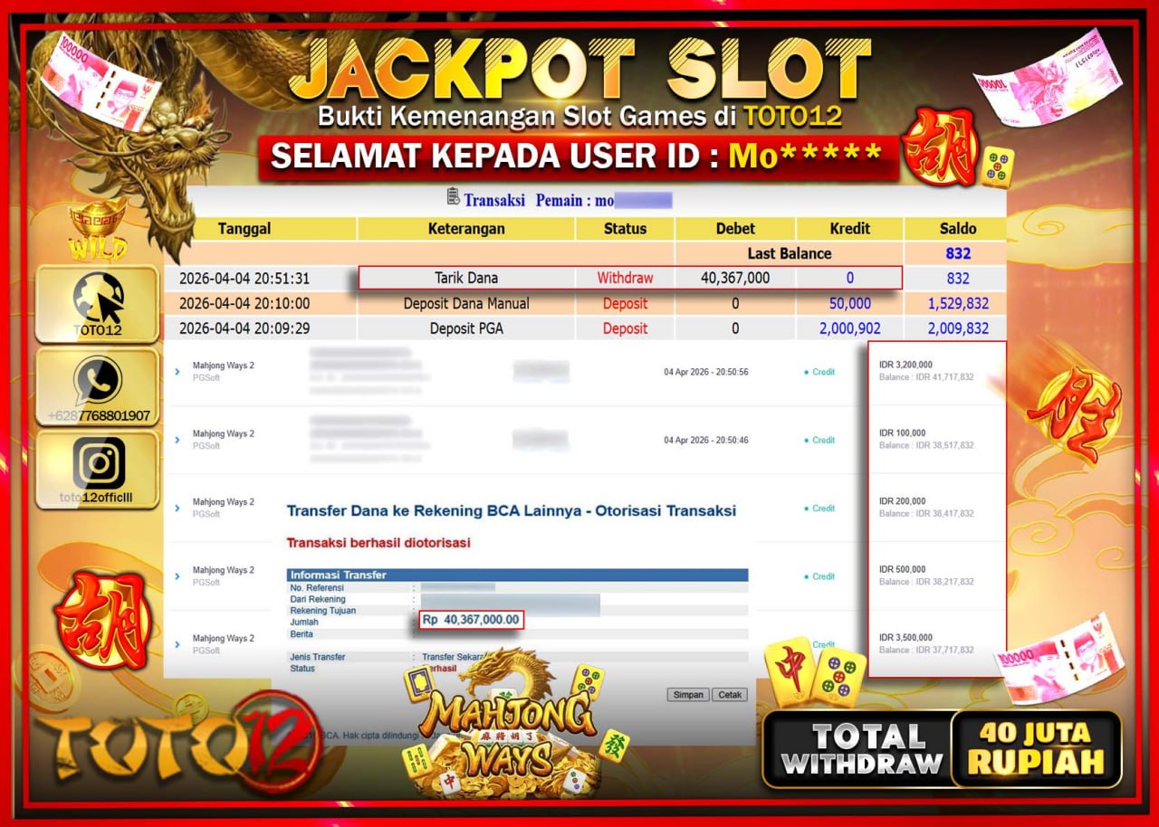 HANYA DI TOTO12 JP PASTI DI BAYAR LUNAS DAN CEPAT!!!!!! JACKPOT SLOT GAME (MAHJONG WAYS) Rp.40.367.000!!!!