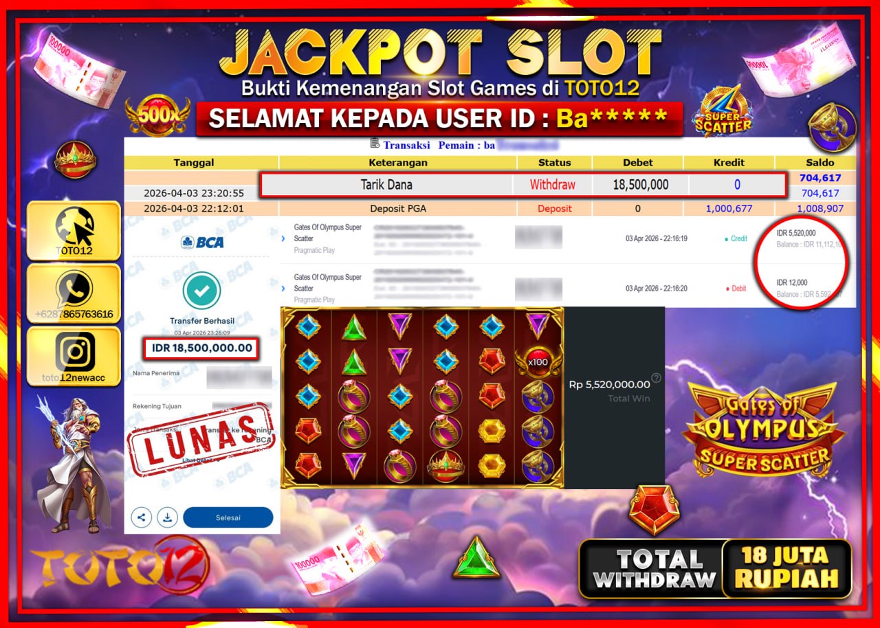HANYA DI TOTO12 JP PASTI DI BAYAR LUNAS DAN CEPAT!!!!!! JACKPOT SLOT GAME (GATES OF OLYMPUS SUPER SCATTER) Rp.18.500.000!!!!