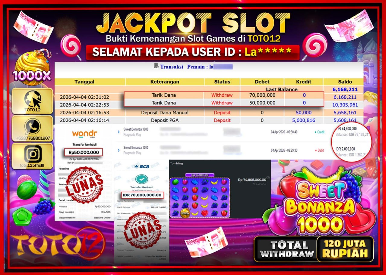 HANYA DI TOTO12 JP PASTI DI BAYAR LUNAS DAN CEPAT!!!!!! JACKPOT SLOT GAME (SWEET BONANZA 1000) Rp.120.000.000!!!!