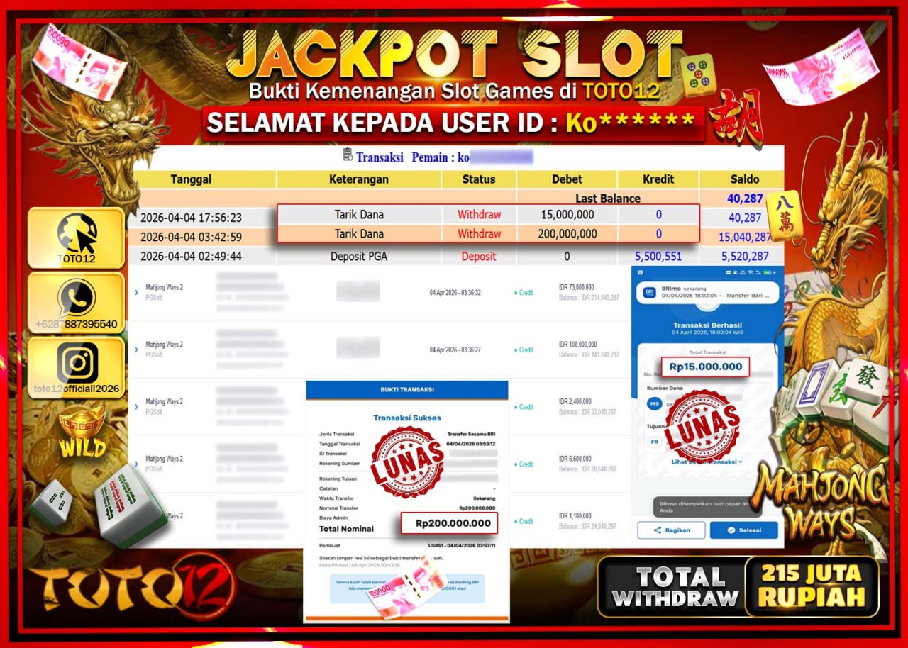 HANYA DI TOTO12 JP PASTI DI BAYAR LUNAS DAN CEPAT!!!!!! JACKPOT SLOT GAME (MAHJONG WAYS) Rp.215.000.000!!!!