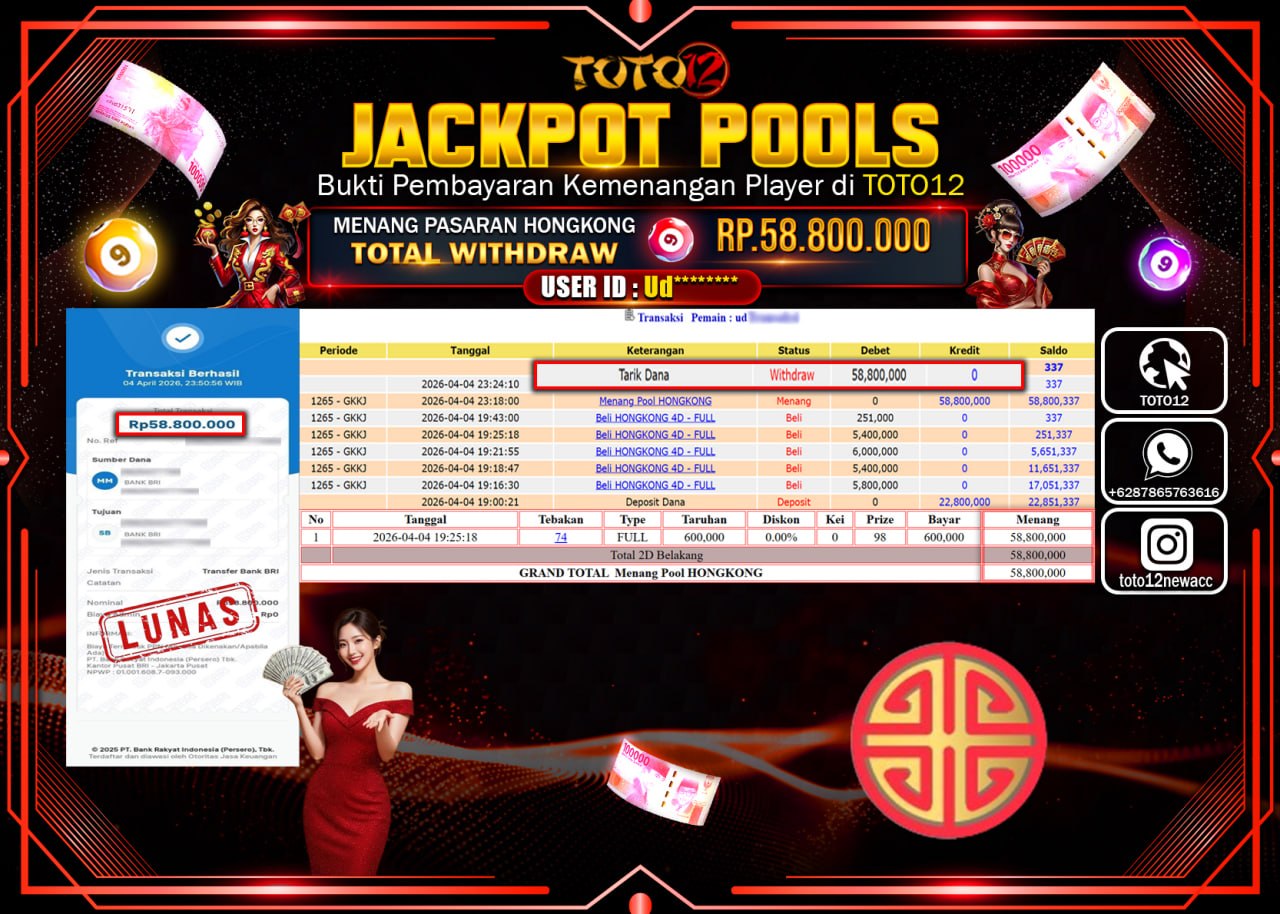 HANYA DI TOTO12 JP PASTI DI BAYAR LUNAS DAN CEPAT!!!!!! JACKPOT POOLS PASARAN( HONGKONG ) Rp.58.800.000!!!!