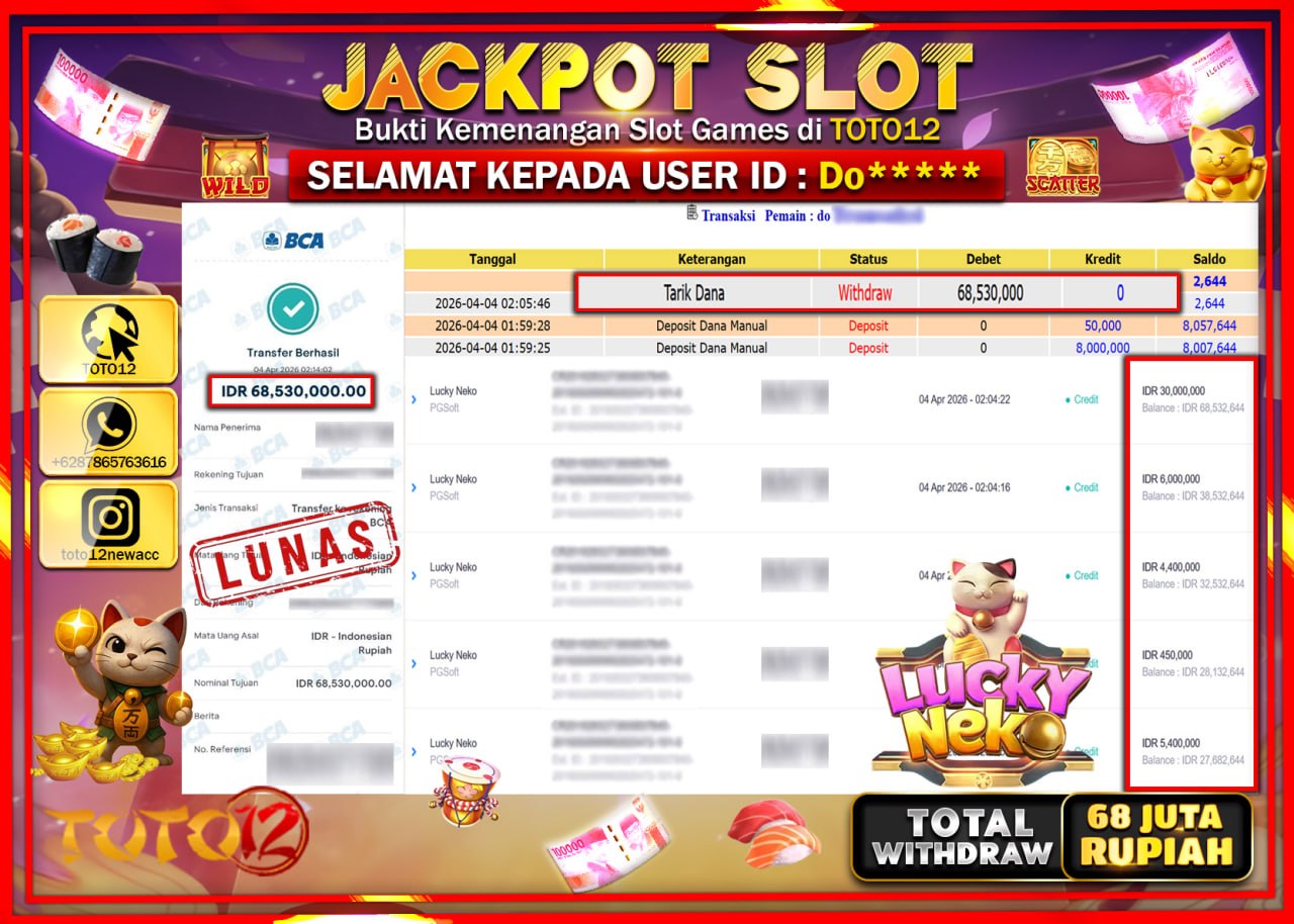 HANYA DI TOTO12 JP PASTI DI BAYAR LUNAS DAN CEPAT!!!!!! JACKPOT SLOT GAME (LUCK NEKO) Rp.68.530.000!!!!