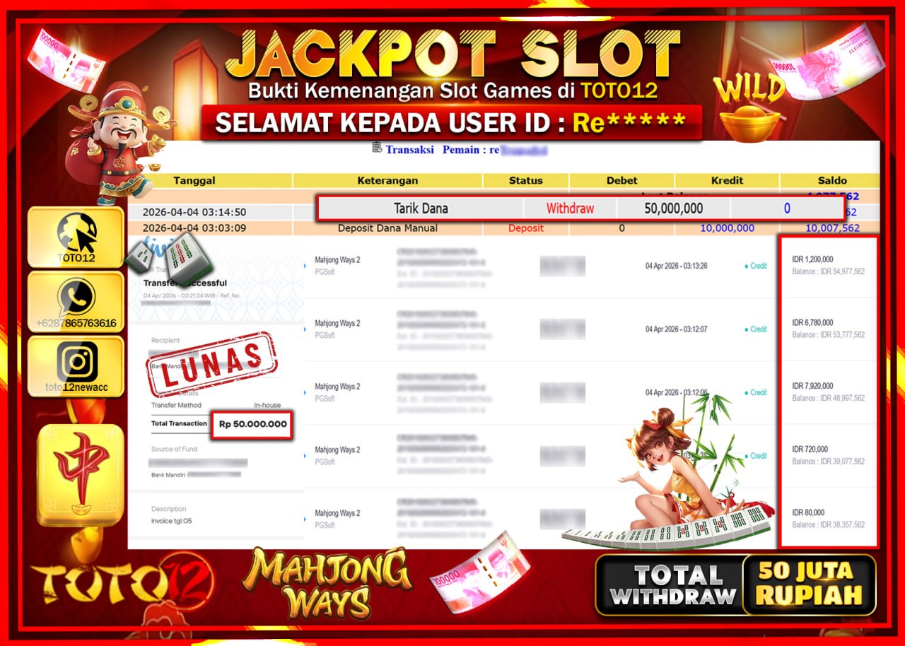 HANYA DI TOTO12 JP PASTI DI BAYAR LUNAS DAN CEPAT!!!!!! JACKPOT SLOT GAME (MAHJONG WAYS) Rp.50.000.000!!!!