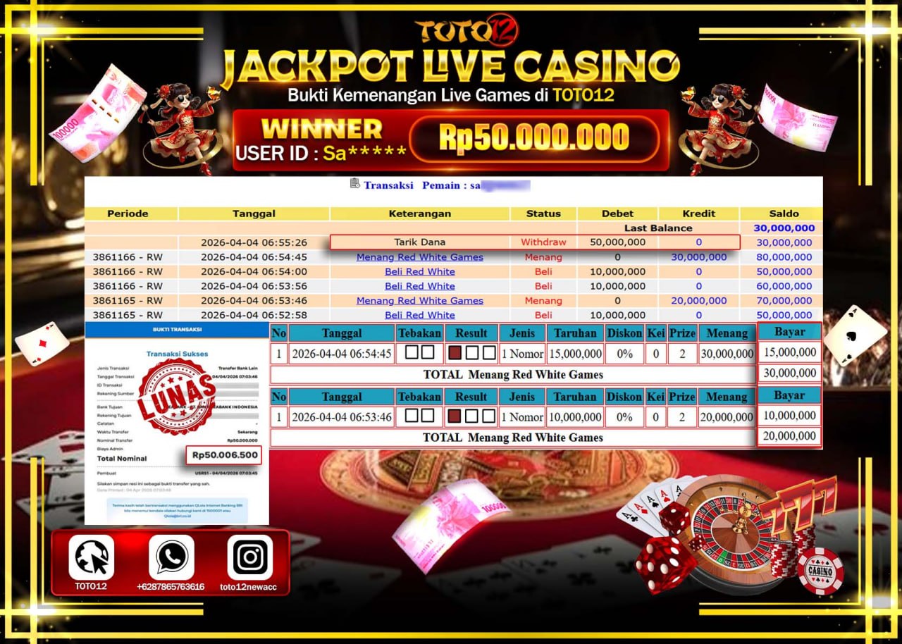 HANYA DI TOTO12 JP PASTI DI BAYAR LUNAS DAN CEPAT!!!!!! JACKPOT LIVE GAMES CASINO (RED WHITE) Rp.50.000.000!!!!