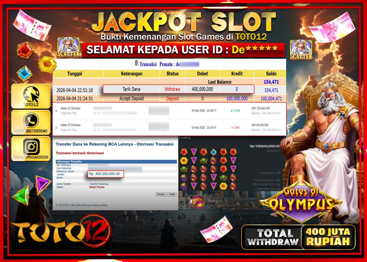 HANYA DI TOTO12 JP PASTI DI BAYAR LUNAS DAN CEPAT!!!!!! JACKPOT SLOT GAME (GATES OF OLYMPUS) Rp.400.000.000!!!!