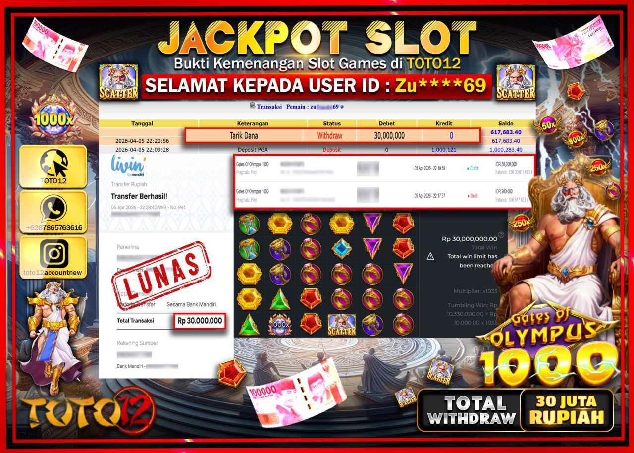 HANYA DI TOTO12 JP PASTI DI BAYAR LUNAS DAN CEPAT!!!!!! JACKPOT SLOT GAME (GATES OF OLYMPUS 1000) Rp.30.000.000!!!!
