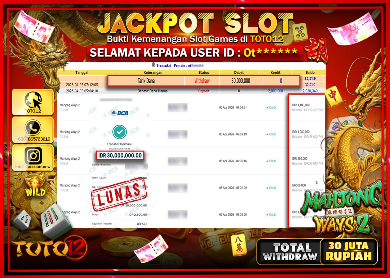 HANYA DI TOTO12 JP PASTI DI BAYAR LUNAS DAN CEPAT!!!!!! JACKPOT SLOT GAME (MAHJONG WAYS 2) Rp.30.000.000!!!!