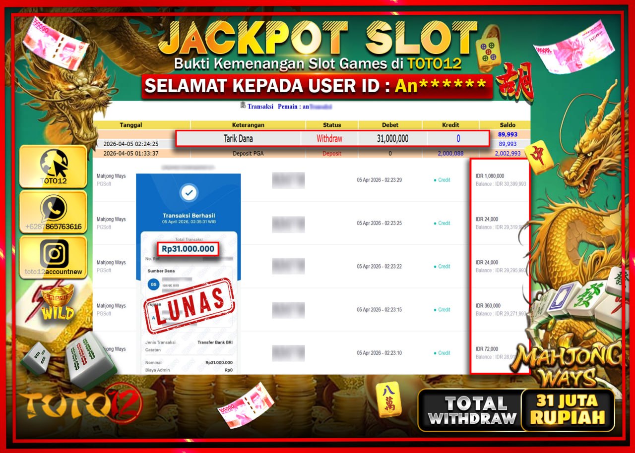 HANYA DI TOTO12 JP PASTI DI BAYAR LUNAS DAN CEPAT!!!!!! JACKPOT SLOT GAME (MAHJONG WAYS) Rp.31.000.000!!!!