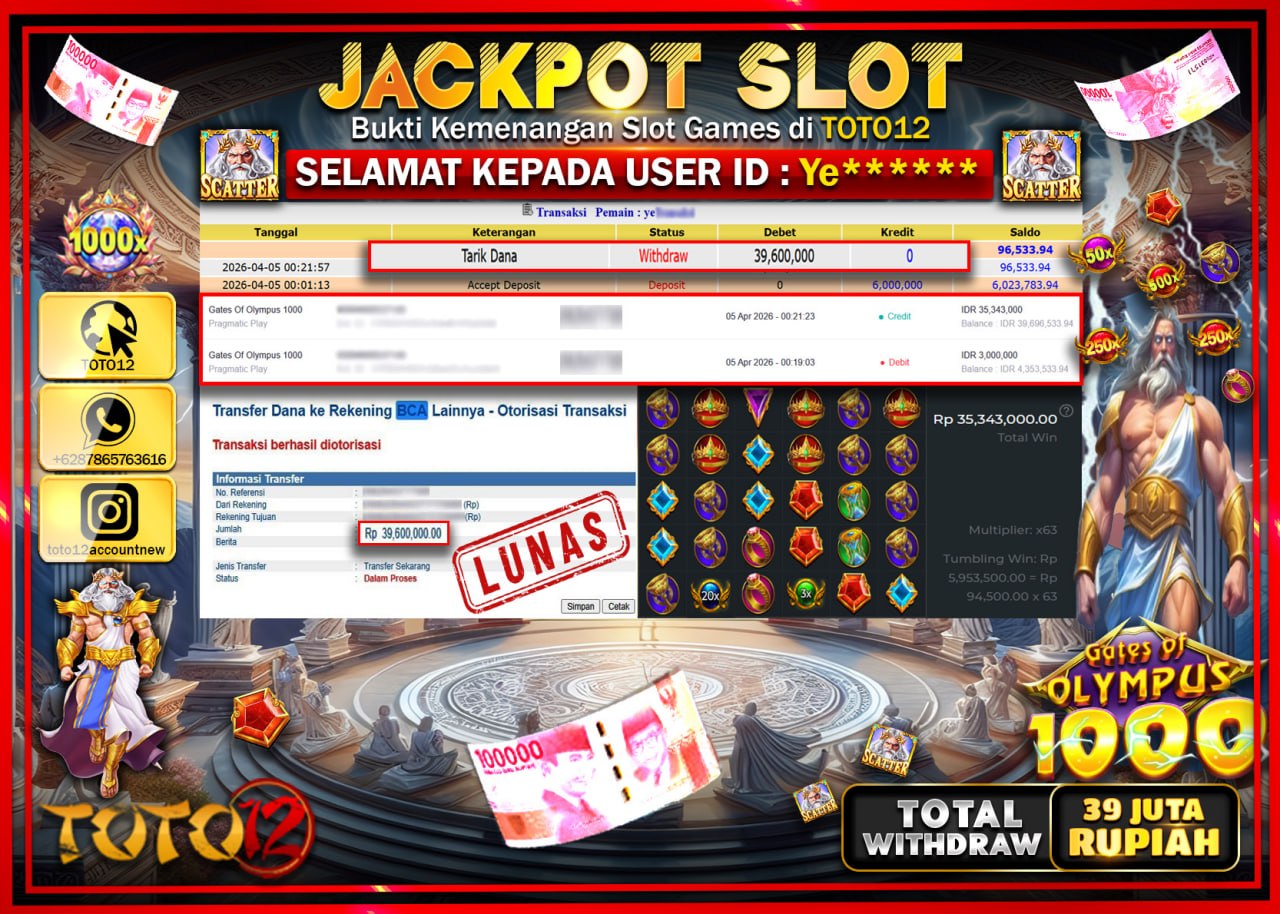 HANYA DI TOTO12 JP PASTI DI BAYAR LUNAS DAN CEPAT!!!!!! JACKPOT SLOT GAME (GATES OF OLYMPUS 1000) Rp.39.600.000!!!!
