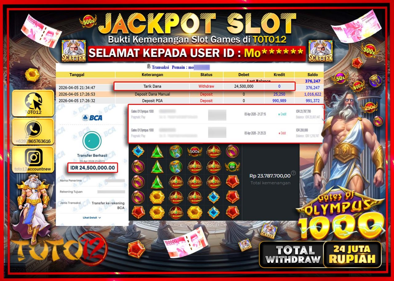 HANYA DI TOTO12 JP PASTI DI BAYAR LUNAS DAN CEPAT!!!!!! JACKPOT SLOT GAME (GATES OF OLYMPUS 1000) Rp.24.500.000!!!!