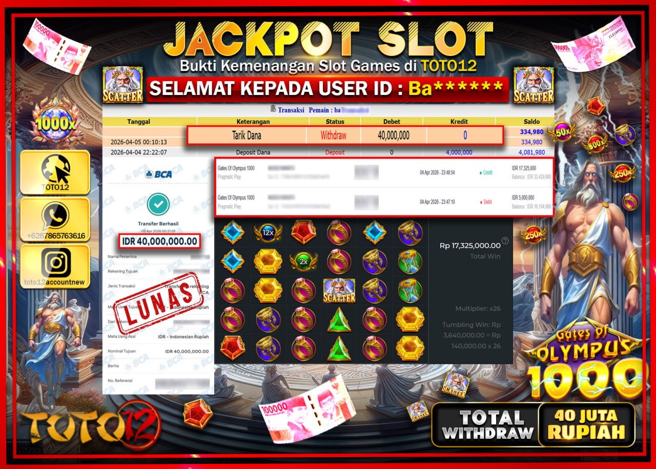 HANYA DI TOTO12 JP PASTI DI BAYAR LUNAS DAN CEPAT!!!!!! JACKPOT SLOT GAME (GATES OF OLYMPUS 1000) Rp.40.000.000!!!!
