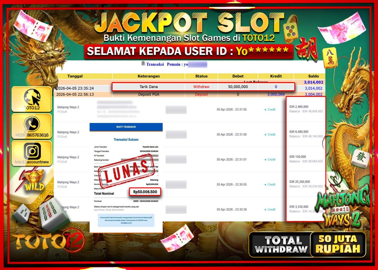 HANYA DI TOTO12 JP PASTI DI BAYAR LUNAS DAN CEPAT!!!!!! JACKPOT SLOT GAME (MAHJONG WAYS 2) Rp.50.000.000!!!!