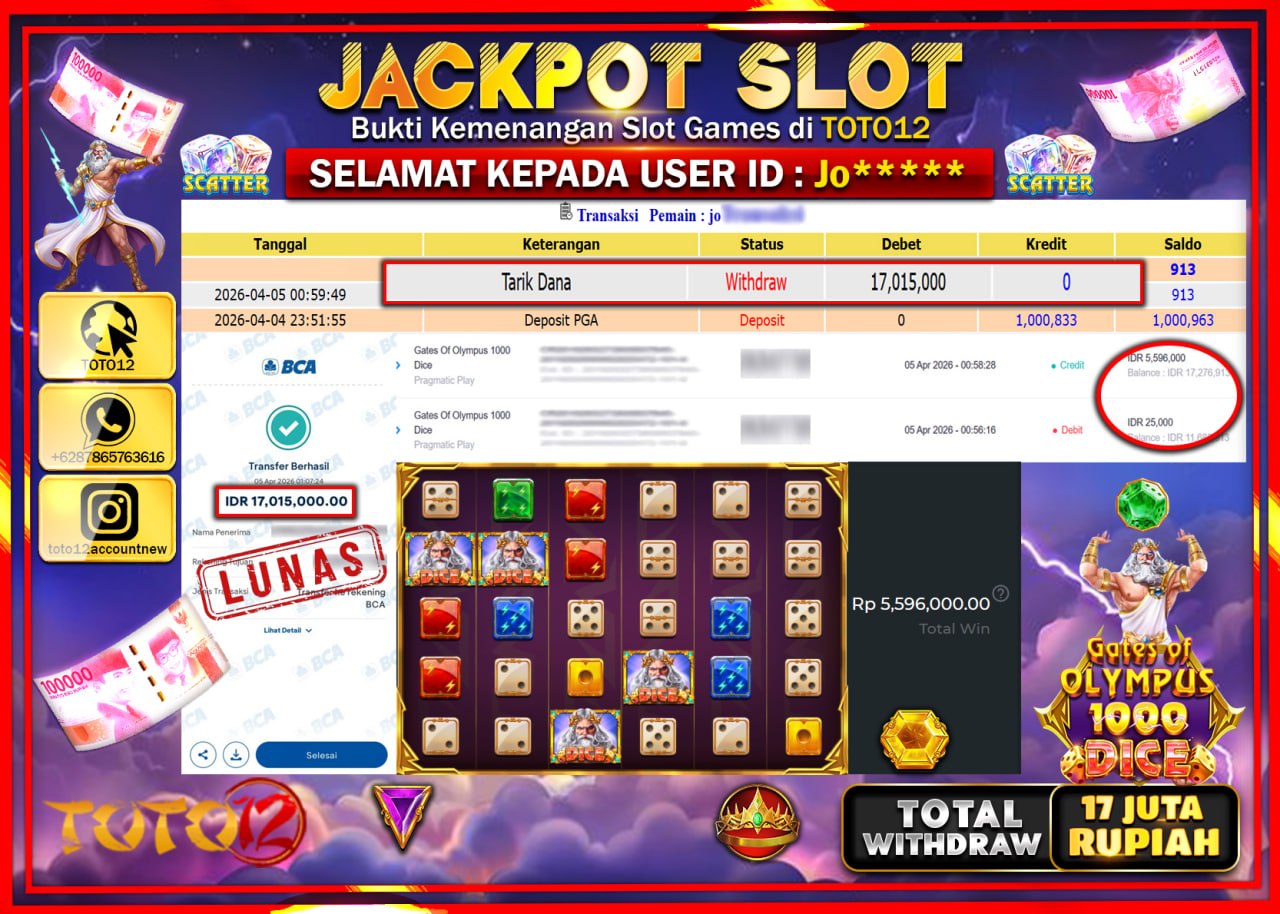 HANYA DI TOTO12 JP PASTI DI BAYAR LUNAS DAN CEPAT!!!!!! JACKPOT SLOT GAME (GATES OF OLYMPUS 1000 DICE) Rp.17.015.000!!!!