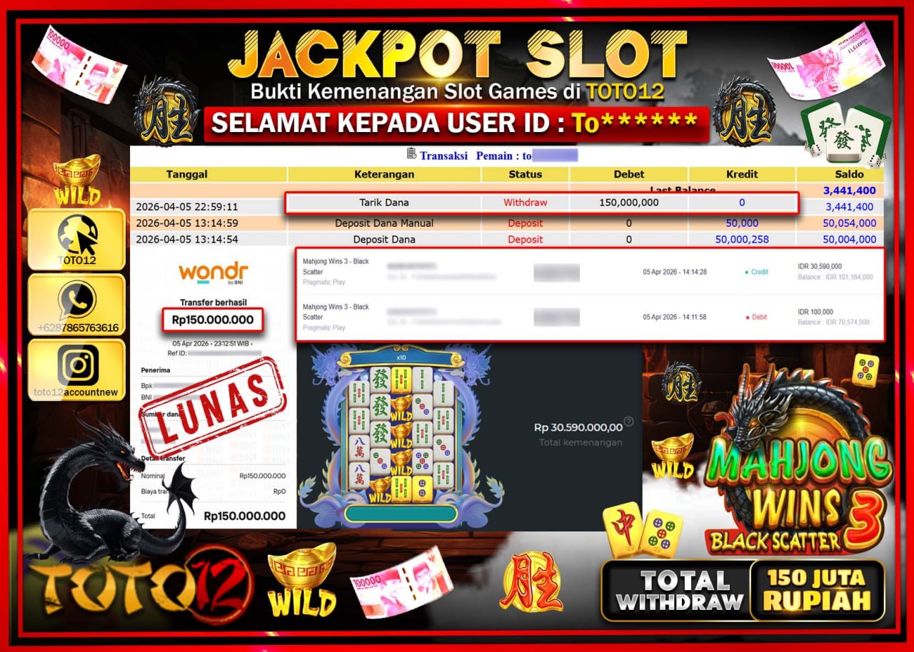HANYA DI TOTO12 JP PASTI DI BAYAR LUNAS DAN CEPAT!!!!!! JACKPOT SLOT GAME (MAHJONG WINS 3 BLACK SCATTER) Rp.150.000.000!!!!