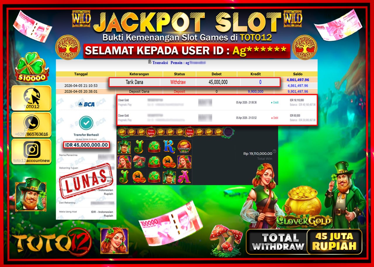 HANYA DI TOTO12 JP PASTI DI BAYAR LUNAS DAN CEPAT!!!!!! JACKPOT SLOT GAME (CLOVER GOLD) Rp.45.000.000!!!!