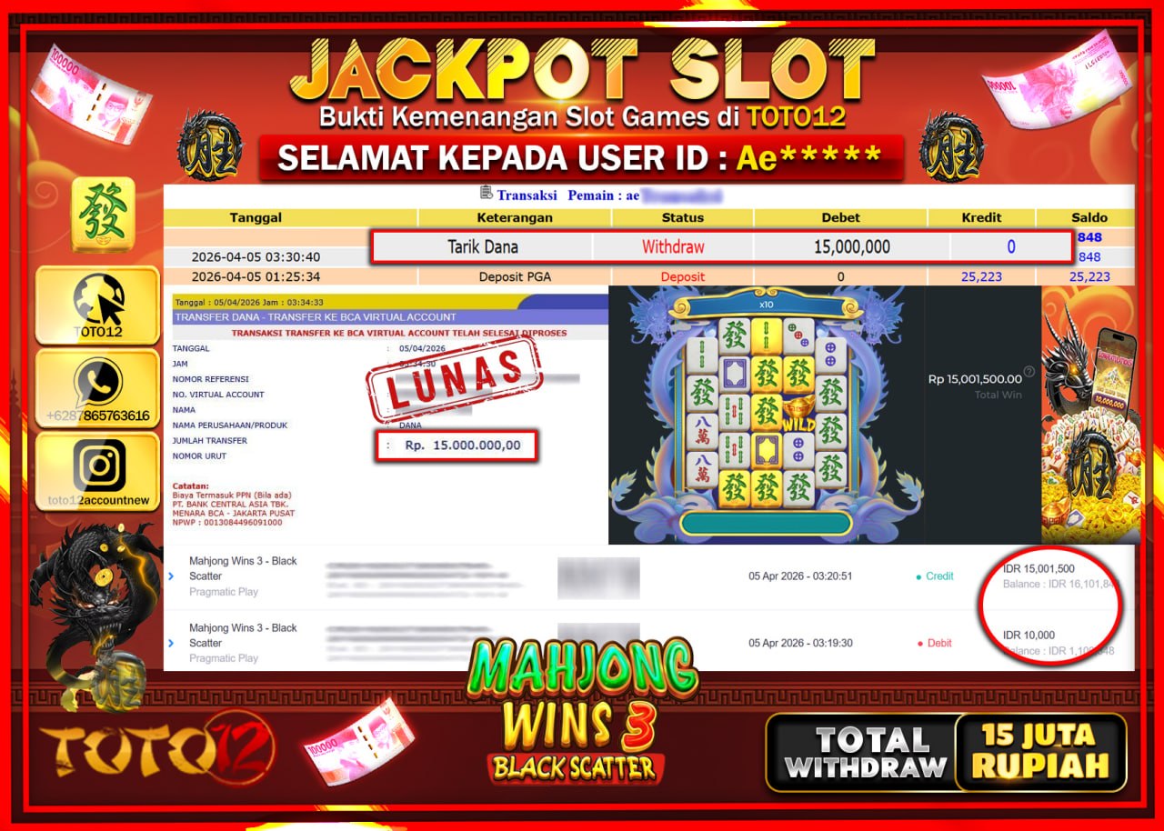 HANYA DI TOTO12 JP PASTI DI BAYAR LUNAS DAN CEPAT!!!!!! JACKPOT SLOT GAME (MAHJONG WINS 3 BLACK SCATTER) Rp.15.000.000!!!!