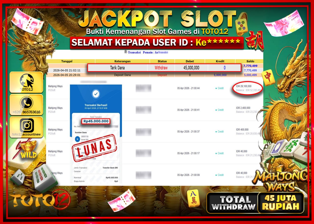 HANYA DI TOTO12 JP PASTI DI BAYAR LUNAS DAN CEPAT!!!!!! JACKPOT SLOT GAME (MAHJONG WAYS) Rp.45.000.000!!!!