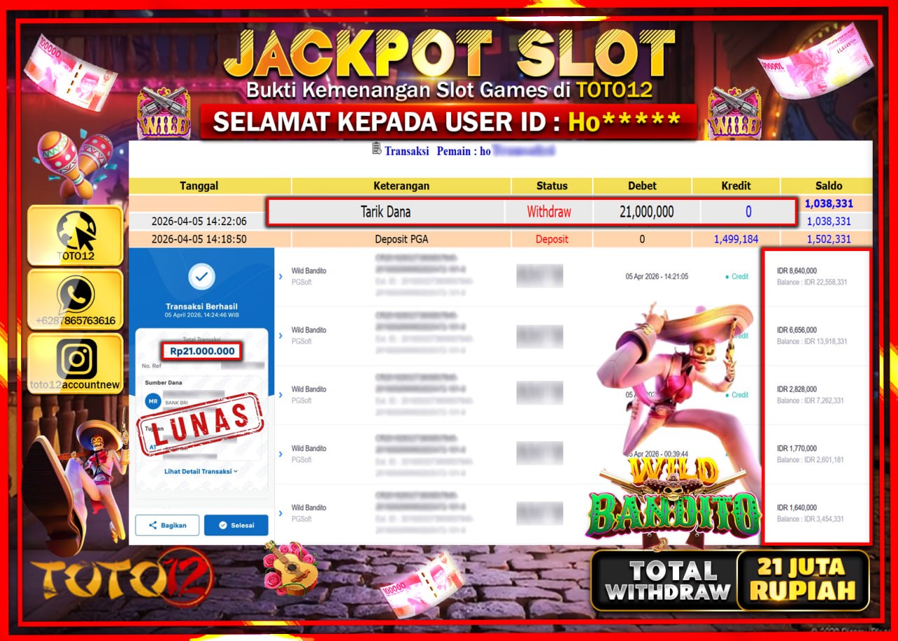HANYA DI TOTO12 JP PASTI DI BAYAR LUNAS DAN CEPAT!!!!!! JACKPOT SLOT GAME (WILD BANDITO) Rp.21.000.000!!!!