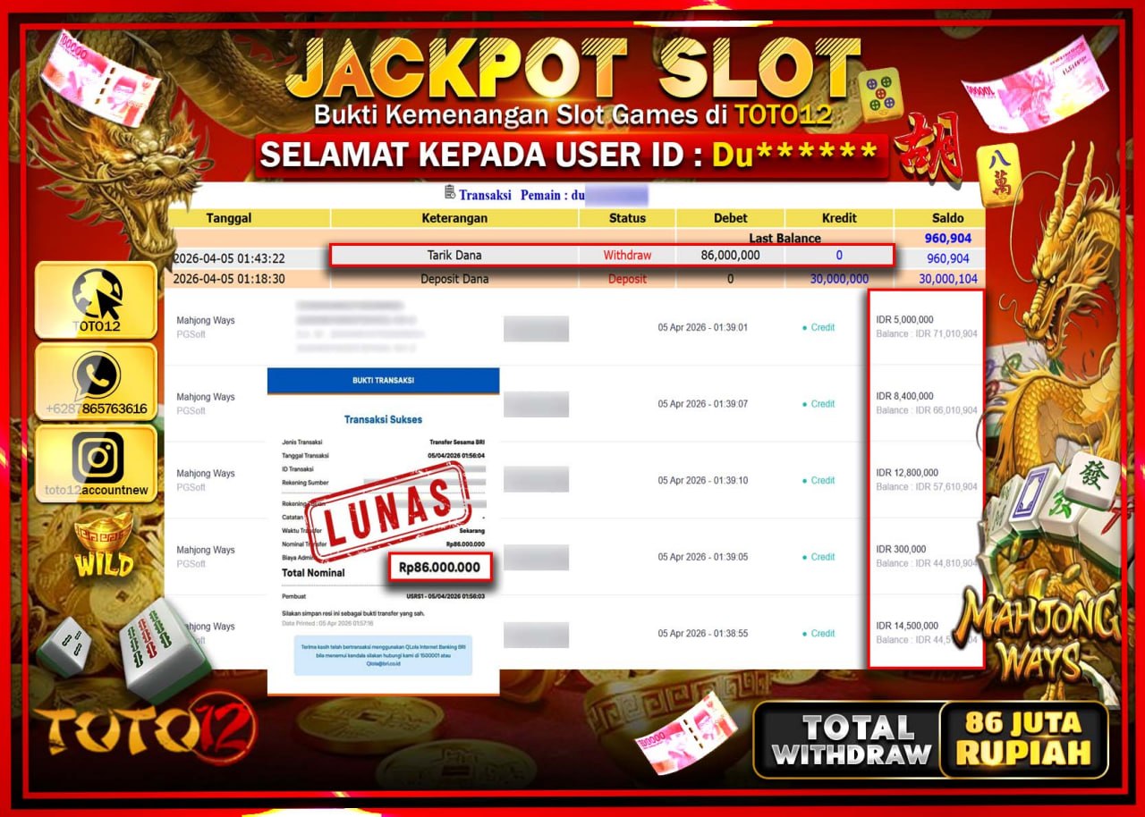 HANYA DI TOTO12 JP PASTI DI BAYAR LUNAS DAN CEPAT!!!!!! JACKPOT SLOT GAME (MAHJONG WAYS) Rp.86.000.000!!!!