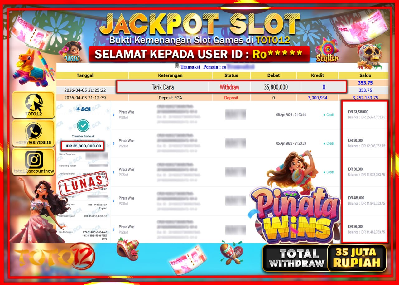 HANYA DI TOTO12 JP PASTI DI BAYAR LUNAS DAN CEPAT!!!!!! JACKPOT SLOT GAME (PINATA WINS) Rp.35.800.000!!!!