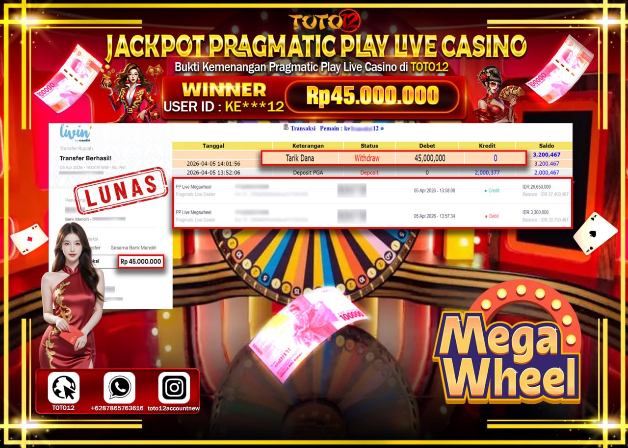 HANYA DI TOTO12 JP PASTI DI BAYAR LUNAS DAN CEPAT!!!!!! JACKPOT SLOT GAME (PP LIVE MEGAWHEEL) Rp.45.000.000!!!!