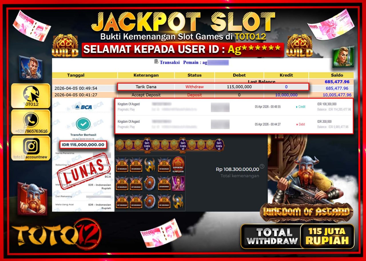 HANYA DI TOTO12 JP PASTI DI BAYAR LUNAS DAN CEPAT!!!!!! JACKPOT SLOT GAME (KINGDOM OF ASCARD) Rp.115.000.000!!!!