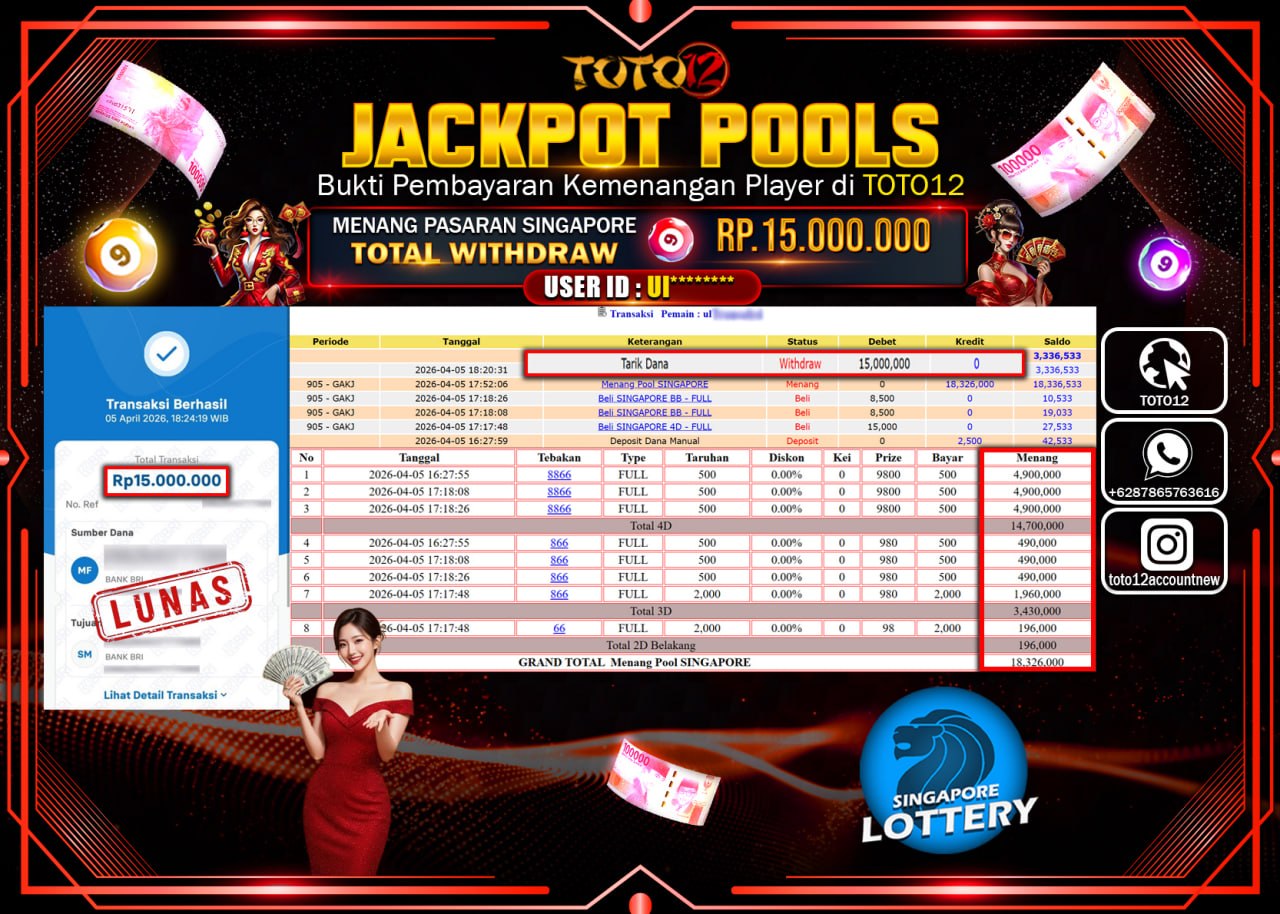 HANYA DI TOTO12 JP PASTI DI BAYAR LUNAS DAN CEPAT!!!!!! JACKPOT POOLS PASARAN( SINGAPORE ) Rp.15.000.000!!!!