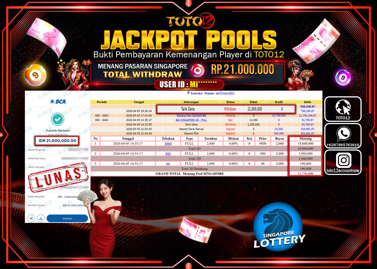 HANYA DI TOTO12 JP PASTI DI BAYAR LUNAS DAN CEPAT!!!!!! JACKPOT POOLS PASARAN( SINGAPORE ) Rp.21.000.000!!!!