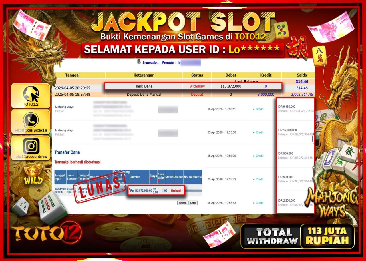 HANYA DI TOTO12 JP PASTI DI BAYAR LUNAS DAN CEPAT!!!!!! JACKPOT SLOT GAME (MAHJONG WAYS) Rp.113.872.000!!!!