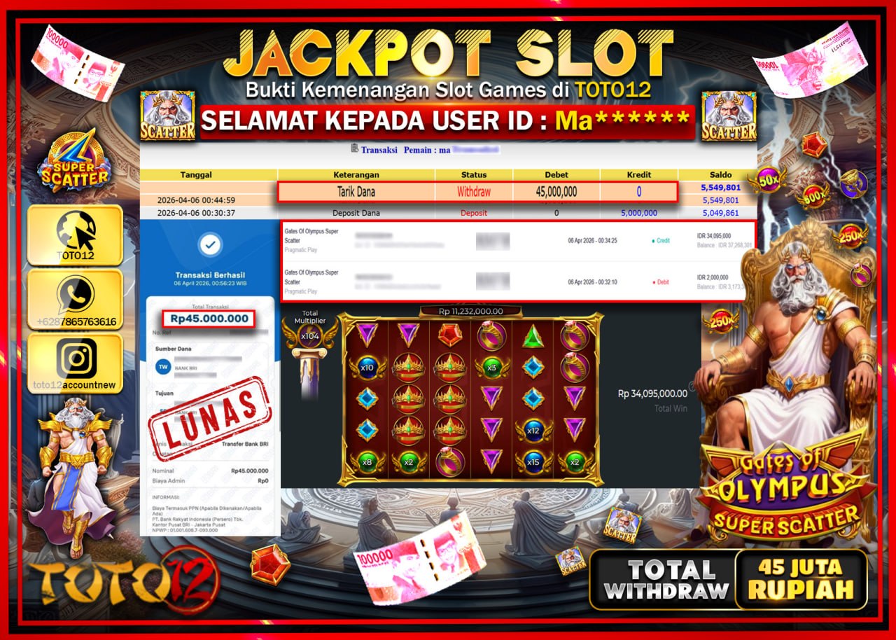 HANYA DI TOTO12 JP PASTI DI BAYAR LUNAS DAN CEPAT!!!!!! JACKPOT SLOT GAME (GATES OF OLYMPUS SUPER SCATTER) Rp.45.000.000!!!!