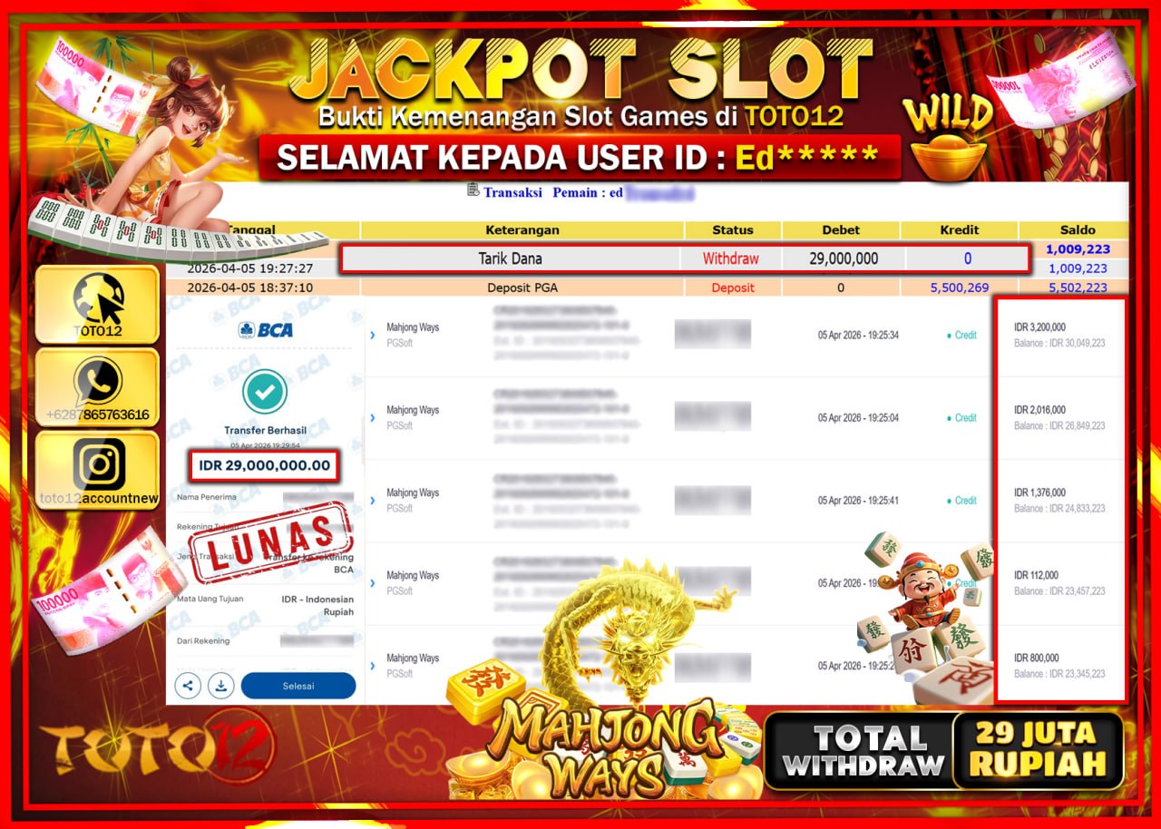 HANYA DI TOTO12 JP PASTI DI BAYAR LUNAS DAN CEPAT!!!!!! JACKPOT SLOT GAME (MAHJONG WAYS) Rp.29.000.000!!!!