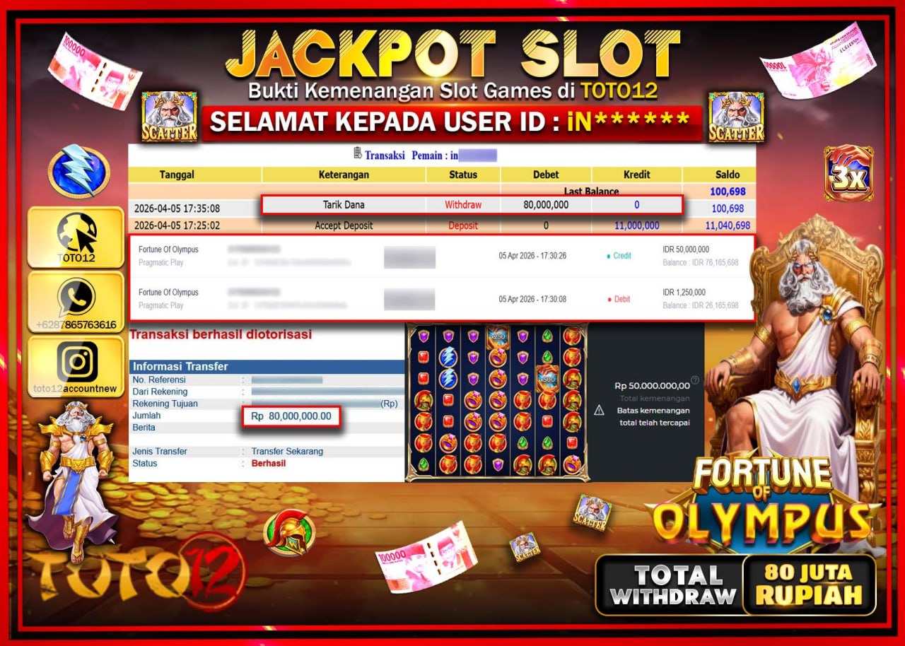 HANYA DI TOTO12 JP PASTI DI BAYAR LUNAS DAN CEPAT!!!!!! JACKPOT SLOT GAME (FORTUNE OF OLYMPUS ) Rp.80.000.000!!!!