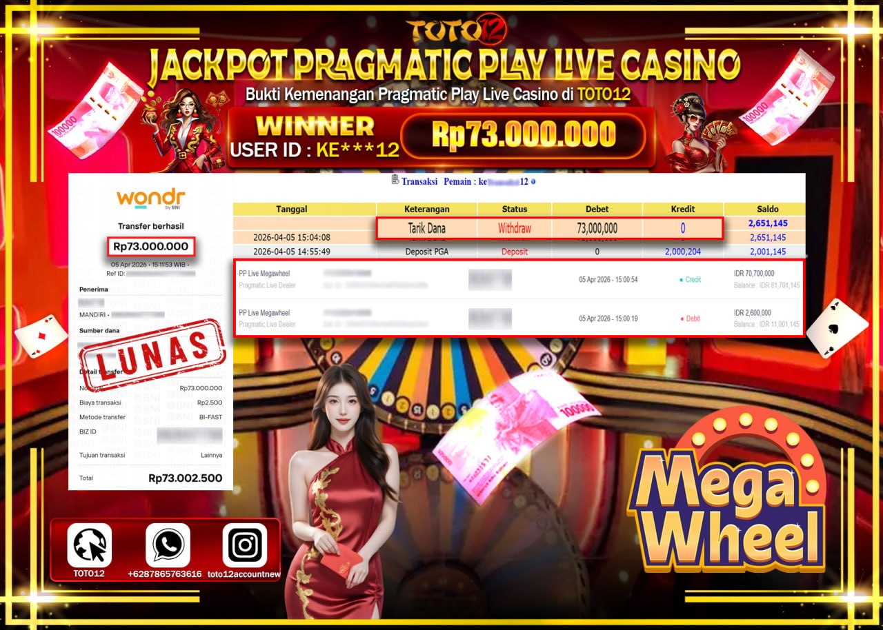 HANYA DI TOTO12 JP PASTI DI BAYAR LUNAS DAN CEPAT!!!!!! JACKPOT PRAGMATIC PLAY LIVE GAME CASINO (PP LIVE MEGAWHEEL) Rp.73.000.000!!!!