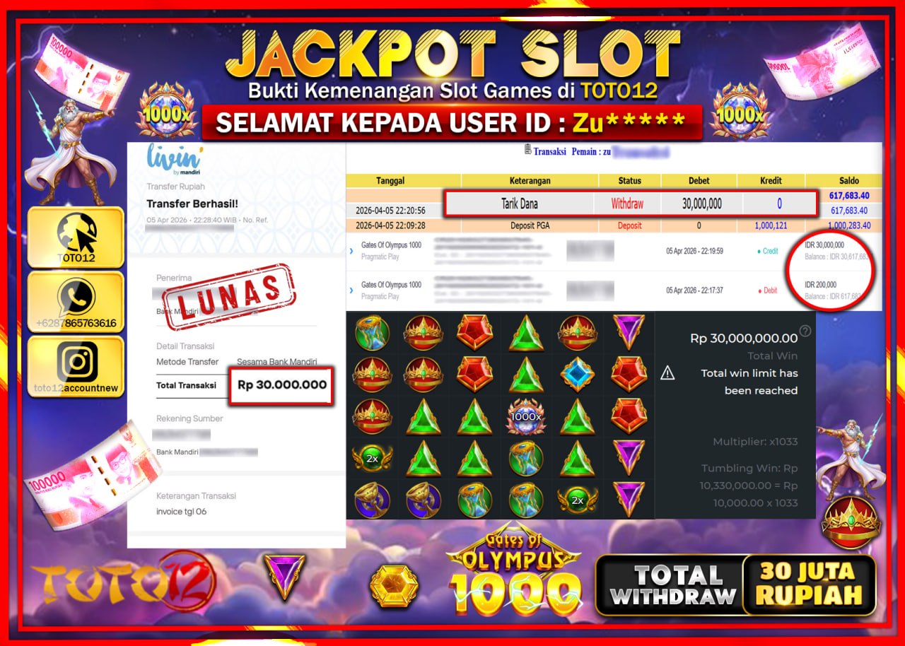 HANYA DI TOTO12 JP PASTI DI BAYAR LUNAS DAN CEPAT!!!!!! JACKPOT SLOT GAME (GATES OF OLYMPUS 1000) Rp.30.000.000!!!!
