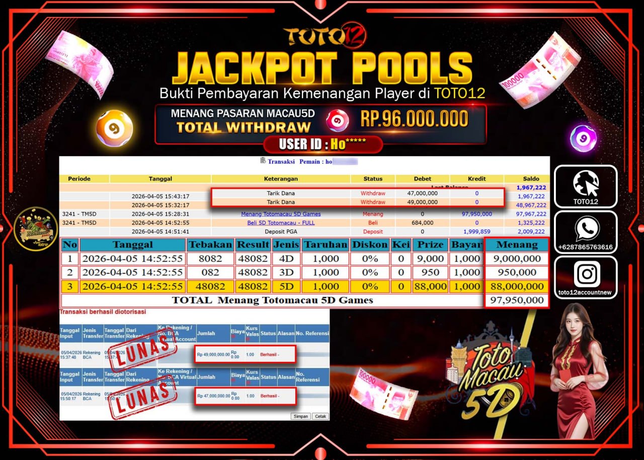 HANYA DI TOTO12 JP PASTI DI BAYAR LUNAS DAN CEPAT!!!!!! JACKPOT POOLS PASARAN( MACAU5D ) Rp.96.000.000!!!!