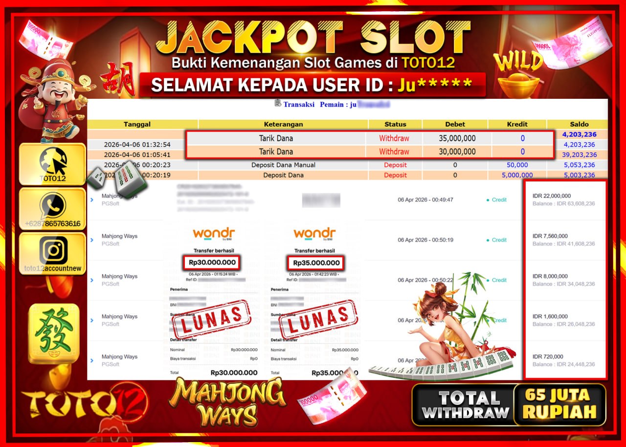 HANYA DI TOTO12 JP PASTI DI BAYAR LUNAS DAN CEPAT!!!!!! JACKPOT SLOT GAME (MAHJONG WAYS) Rp.65.000.000!!!!