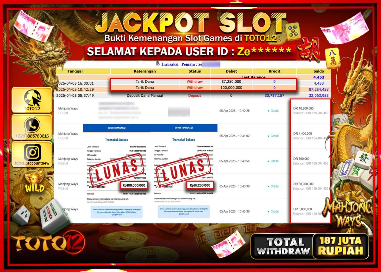 HANYA DI TOTO12 JP PASTI DI BAYAR LUNAS DAN CEPAT!!!!!! JACKPOT SLOT GAME (MAHJONG WAYS) Rp.187.250.000!!!!
